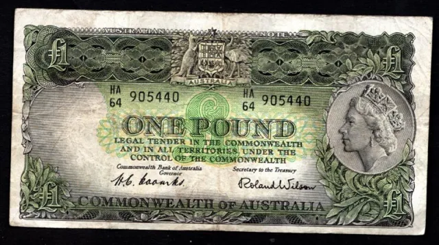 Commonwealth of Australia Queen Elizabeth II One Pound Banknote VERY SCARCE
