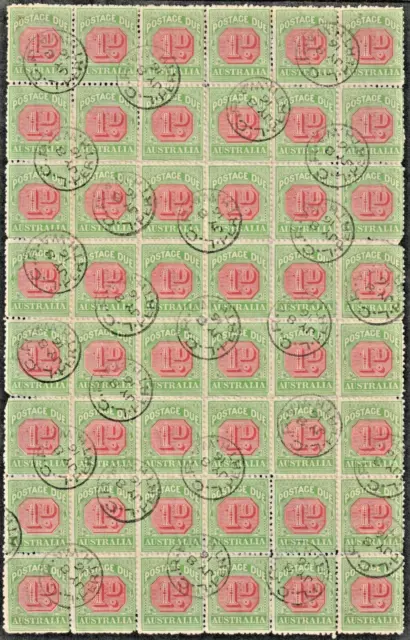 POSTAGE DUES - 1d BLOCK of 48 USED with PERTH 1916 CDS SG D75 (CV $400+)