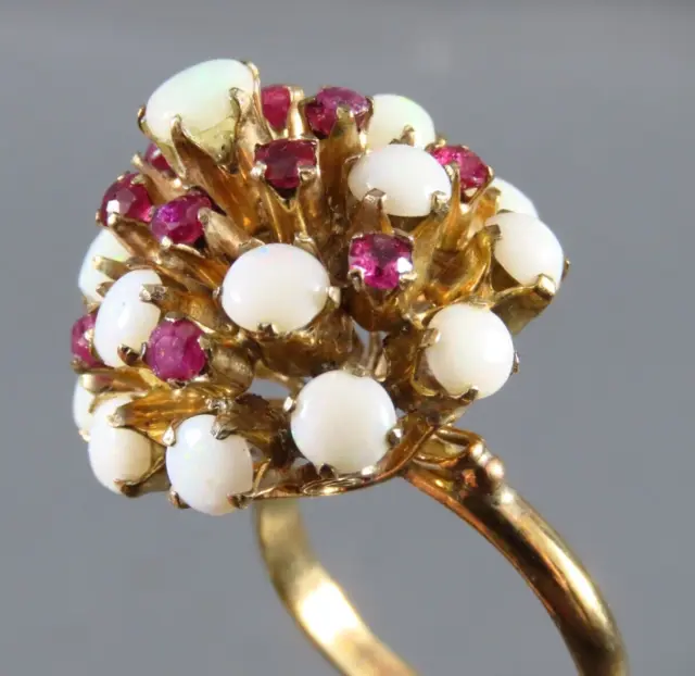 VTG 9K GOLD Thai Princess Harem Ring WHITE OPALS & ROSE CUT PINK RUBIES sz 8.5