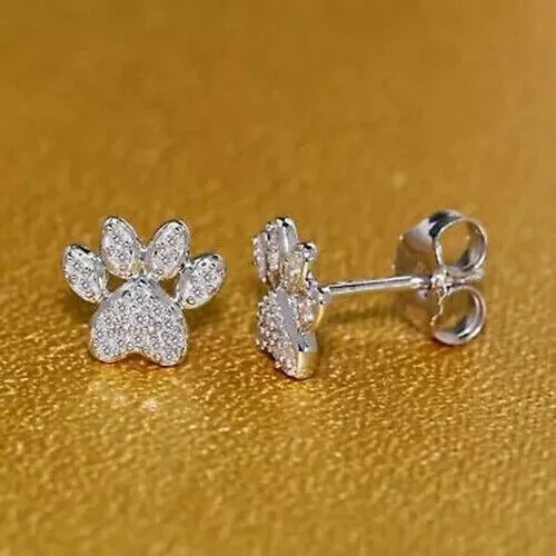 2 Ct Simulated Diamond Women Dog Paw Stud Earrings 14k White Gold Plated Silver