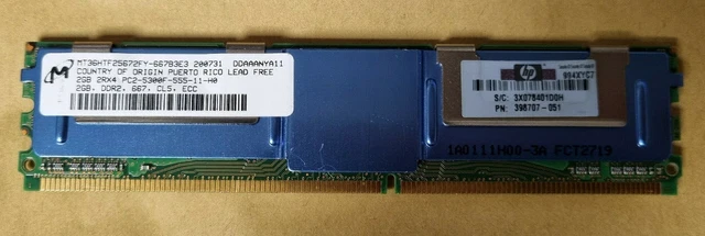 Mémoire RAM Serveur HP 1GB PC2-5300F - Micron MT18HTF12872FDY - Modèle 398706-051 D'occasion Testée