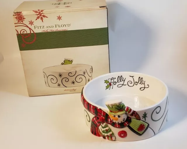 Fitz and Floyd Christmas Holly Hat Snowman Holiday Holly Jolly Candy Bowl 5.5"