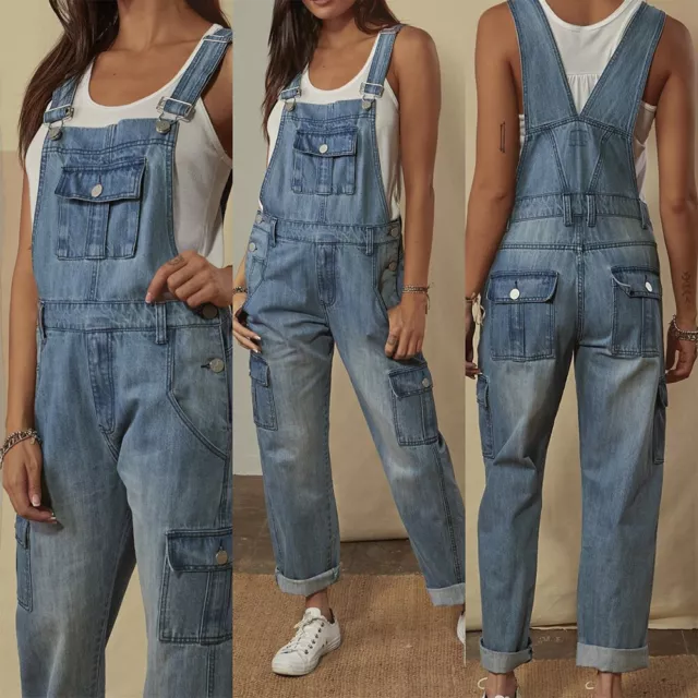 Damen Cargo Jeans Overall Latzhose Vintage Lose Jumpsuit Denim Gerades Bein Hose