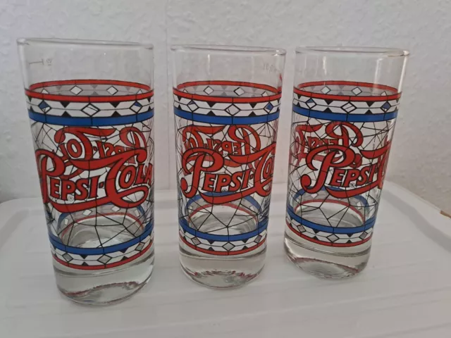 3x Vintage Pepsi Cola 0,3l Gläser Rarität Tiffany Style Sammeln Selten Glas