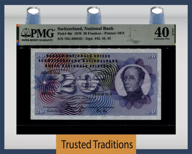 TT PK 46r 1970 SWITZERLAND NATIONAL BANK 20 FRANKEN PMG 40 EPQ EXTREMELY FINE