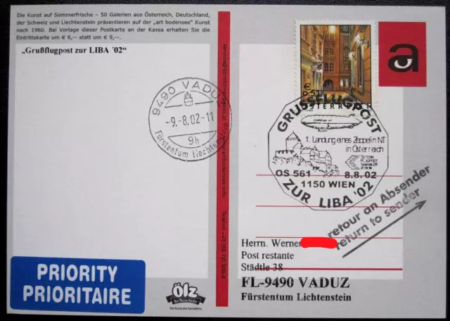 Österreich AK Postkarte SST Grussflugpost zur Liba 2002 1. Landung Zeppelin NT