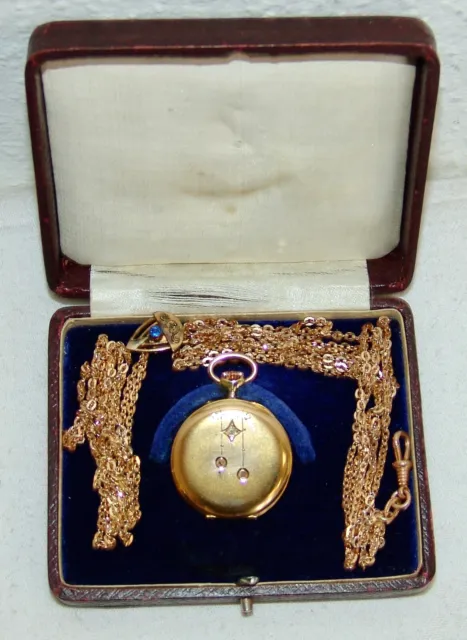 Alte Damen - Taschenuhr Gold - Gehäuse 585 mit Kette und Schieber im Etui