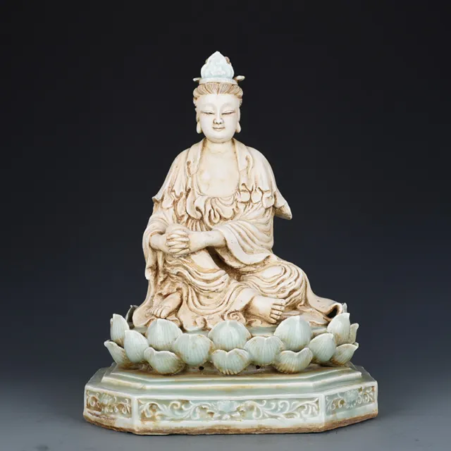 14.2" Song dynasty hutian kiln porcelain cyan glaze lotus guanyin Buddha statue