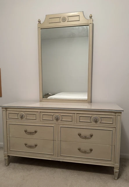 Vintage Thomasville Dresser & Mirror 1967, Ivory W/Blue Trim-Part Of Bedroom Set Vintage Thomasville Dresser & Mirror 1967, Ivory W/Blue Trim-Part Of Bedroom Set