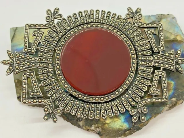 Judith Jack Sterling Silver 25mm Carnelian Marcasite Ornate Brooch 16.7 Grams