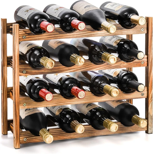 Countertop Wine Rack Free Standing, 16-Bottle Wood Wine Storage Rack 4-Tier Rust