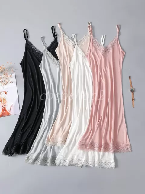 Lady Knitted Silk Full Slip Dress Underdress Camisole Nightie Chemise Nightwear