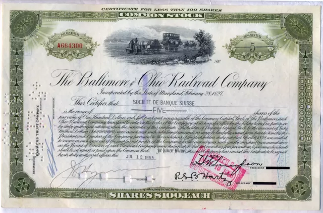 Baltimore & Ohio Railroad Company Stock Certificate B&O CSX