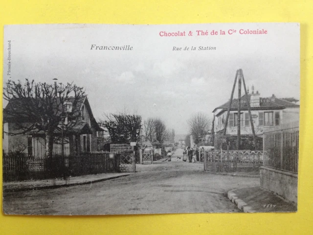 cpa FRANCONVILLE (Val d'Oise) Rue de la STATION level crossing pub chocolate