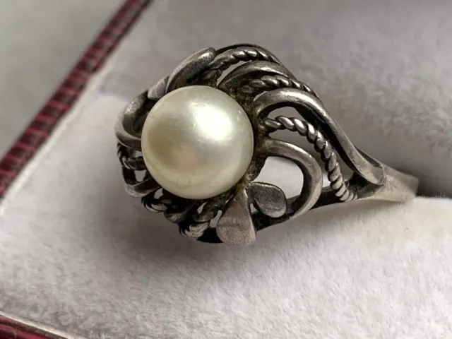 Big Antique Art Soviet USSR Etched Ring Sterling Silver 875 Pearl Women's Size 8