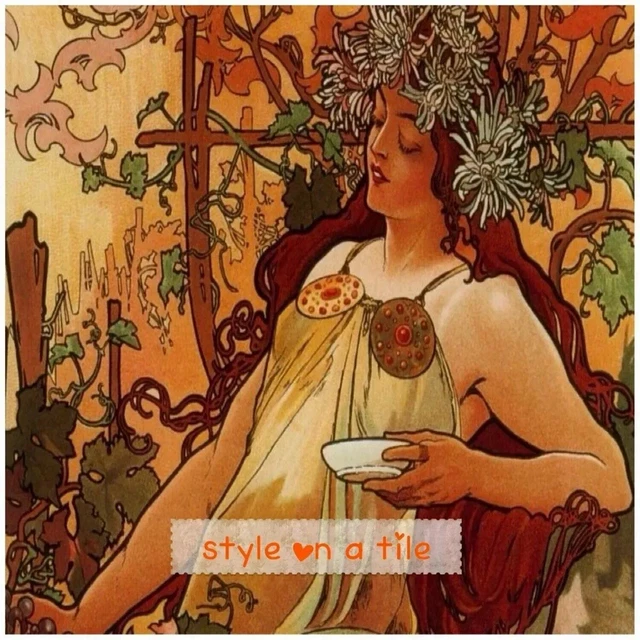 Jugendstil Alphonse Mucha Four Seasons Herbst Dame 9 cm quadratisch Untersetzer Matte Auflage
