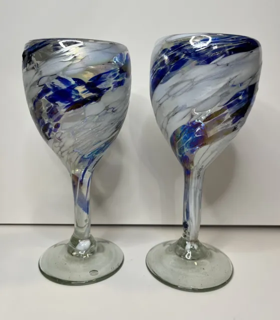 Art Glass Hand Blown Iridescent Colbalt Blue Swirl Heavy Wine Glasses Goblets