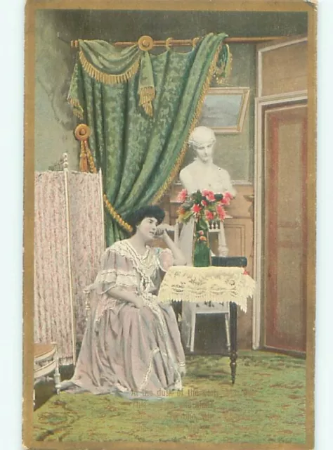 Pre-Linen WOMAN SITTING AT HER TABLE IN PARLOR : make an offer AB7811
