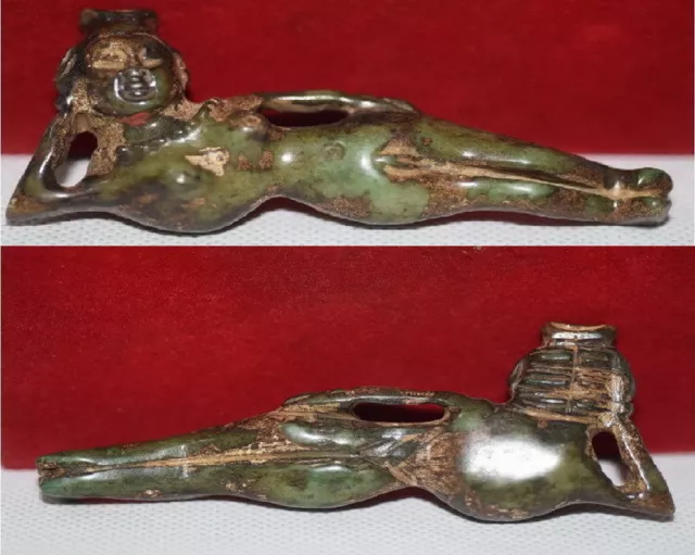 Asian Chinese Old Green Jade Collectable Handwork Carved Man / Woman Statue 2