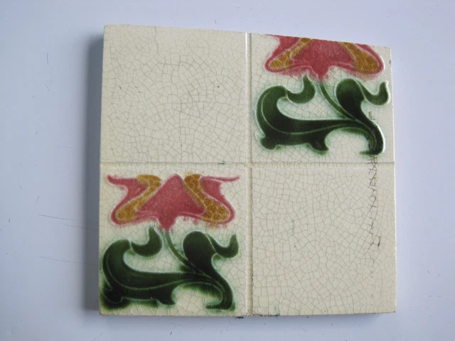 Antique 6" Moulded & Majolica Art Nouveau Quartered Tile