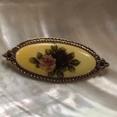 Estate Victorian Reproduction Dark & Light Pink Rose Ceramic Oval in Ornate Gold