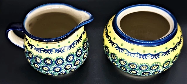 Polish Pottery Boleslawiec set Sugar Creamer, Peacock Bumble Bee Zaklady Ceramic