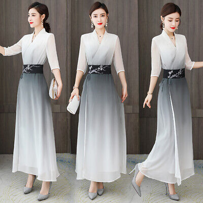 Chinese Chiffon Cheongsam Dress Belted Gradient Color Evening Party Hanfu Qipao