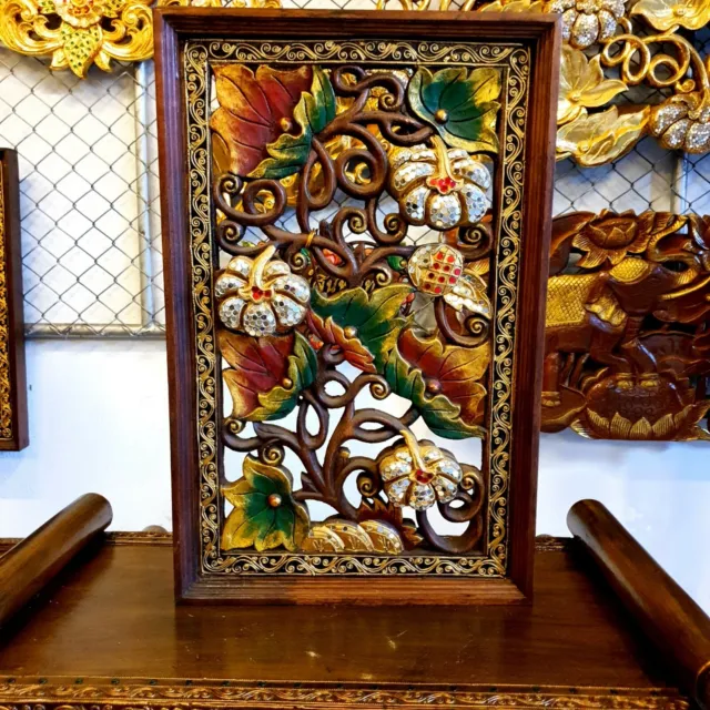 Carved Wood Flower Thai Panel Ceiling Wall Art Home Decor Collectible Multicolor