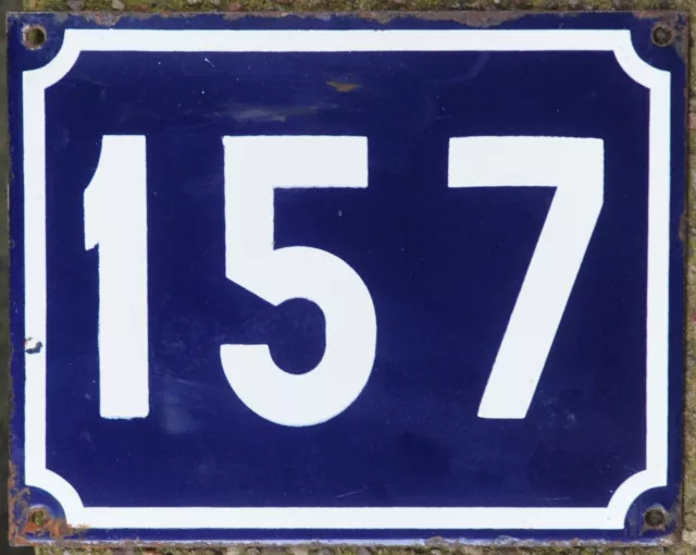 Large old blue French house number 157 door gate plate plaque enamel sign NOS