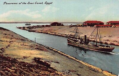 Suez Canal with Boat Panorama Egypt Antique Postcard Q13