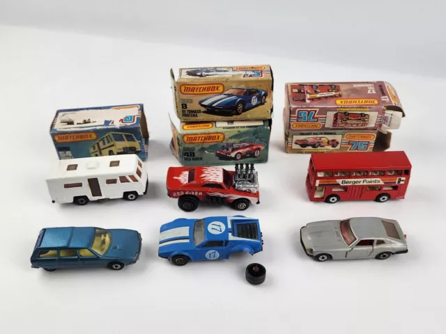 Lot 1970's Matchbox Cars w/ Boxes Red Rider Londoner Mobile Home Pantera Datsun