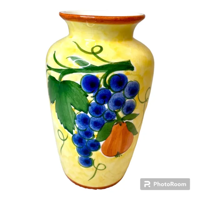 Vintage Style Glazed Ceramic Vase Yellow Pottery Blue Grapes Orange Fig Pattern