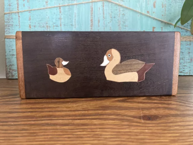 Vintage Wood Marquetry Inlay with Ducks Mallard Trinket Jewelry Box