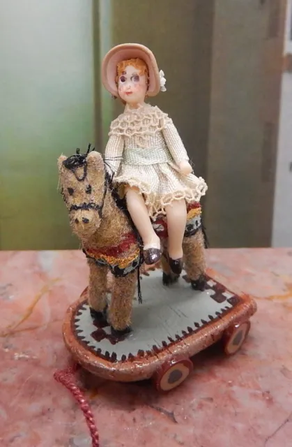 Vtg Almudena Gonzalez Doll on Horse Pull toy Artisan Dollhouse Miniature 1:12