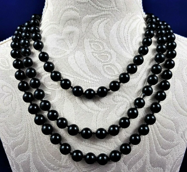 Collier Sautoir Onyx Noir à Facettes 122cm - Bijou Ancien #K32