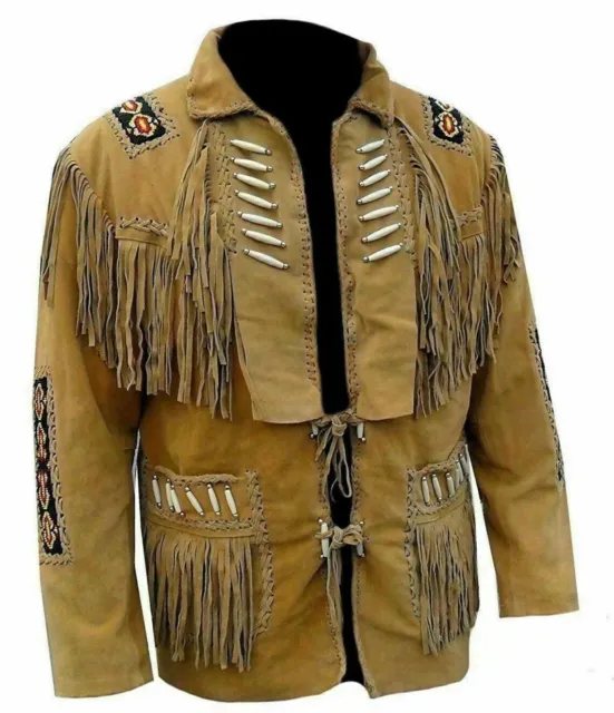 Men’s Native American Cowboy Buckskin Leather Jacket Coat With Fringes Brown