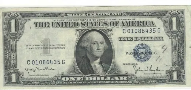 Crisp 1935 SERIES D $1 Silver Certificates, Serial # C 01086435 G
