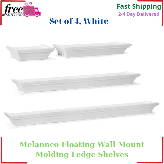 Melannco Floating Wall Mount Molding Ledge Shelves Set Of 4 Actual Color White