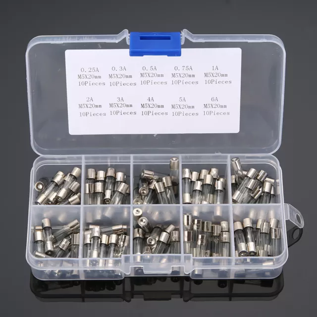 100pcs Fusible Tube en Verre Fast-Blow 5x20mm 0.25A-6A Fuse Assorted Kit MS