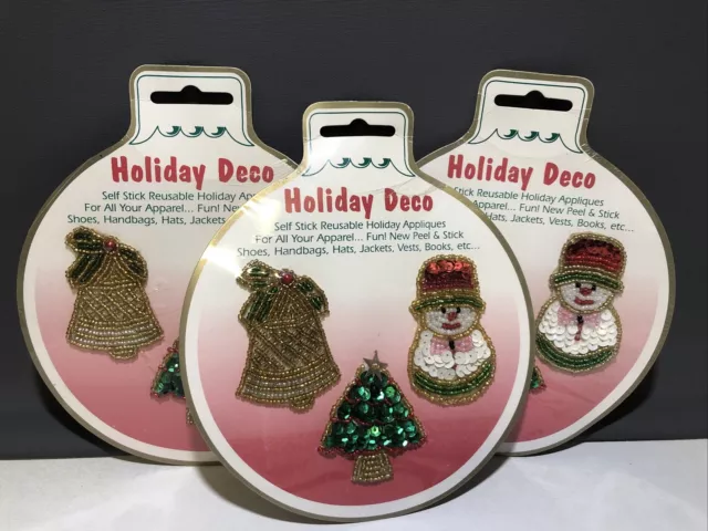 Lote de 3 apliques de lentejuelas con cuentas de cáscara y palo vintage de Navidad retro vacaciones