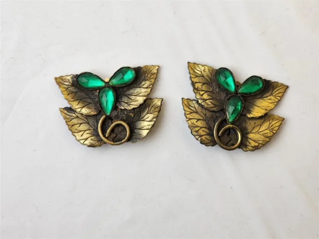 Vintage Dress Fur Clips Gold Tone & Green Rhinestone Art Deco Leaf Pair