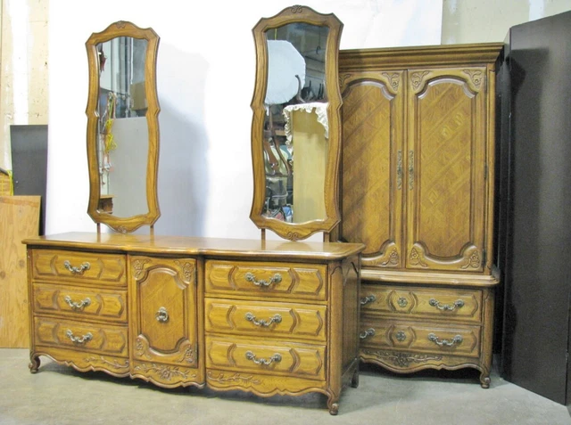 Thomasville French Country Parquet Dresser, Mirrors & Cabinet; Mint 1960's