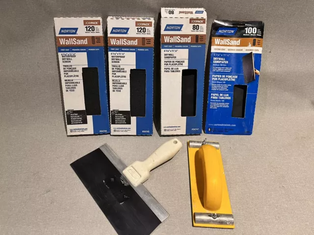 WALBOARD Taping Knife and Norton Drywall Sandpaper (80 & 100) Screen (120)
