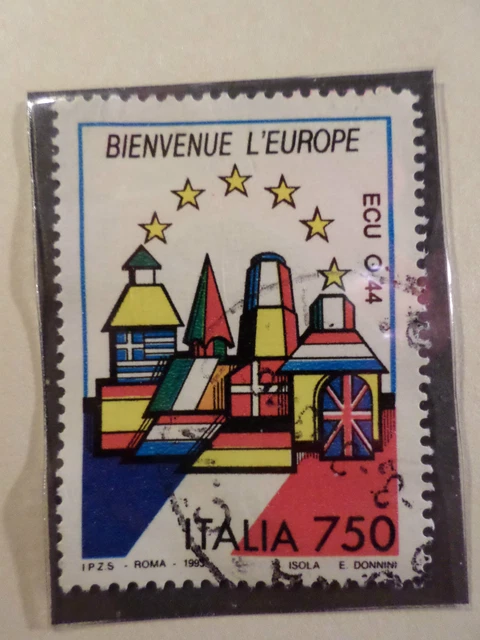 ITALIE ITALIA 1993, timbre 1990, UNITE EUROPE, DRAPEAU FRANCE oblitéré, FLAG