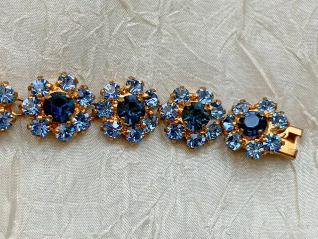 Vintage Francese Designer Bracciale - Fiori Fatto Con 2 Blu Toni Strass 18cm 3