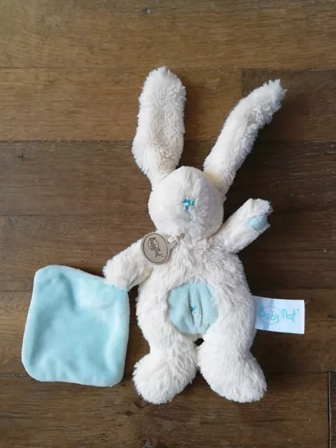 O/ Doudou Peluche Babynat Lapin Blanc Mouchoir Bleu  Croix Pantin