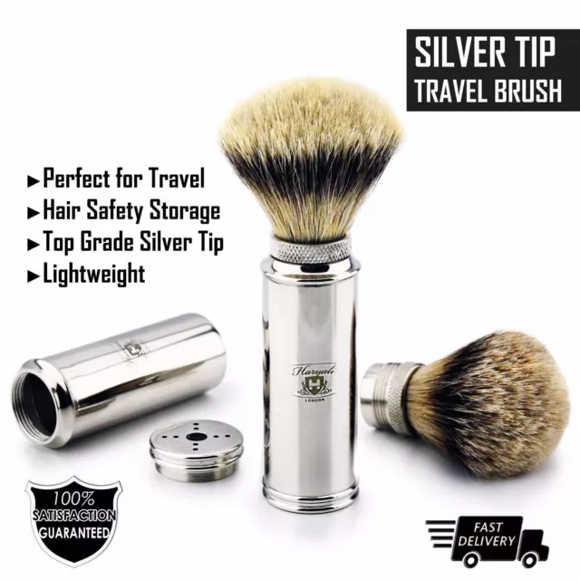 Travel Men's Shaving Brush Silver Tip Hair Medical Grade Stainless Steel Handles