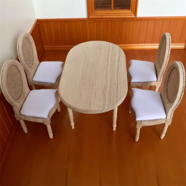 5PC 1:12 Scale Dolls House Miniature Plain Table Chairs Dining Room Furniture