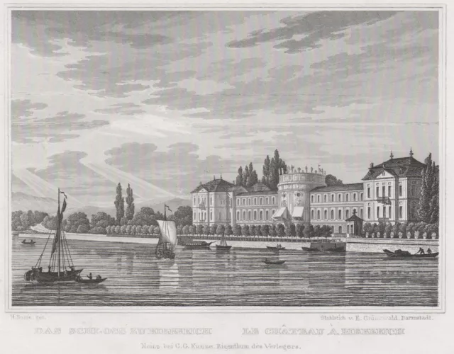 Wiesbaden Biebrich Original Grabado de Acero Grünewald 1838