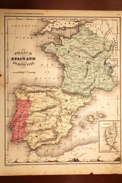 1872 Rare Antique Mcnally Atlas Map-France, Spain, & Portugal-Excellent Detail